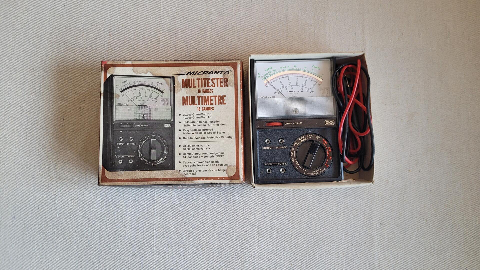 Vintage Micronta analog multimeter 22-201A 18 ranges multitester tool with the original box. 1970s made in Korea collectible automotive and electronics service and lab equipment from Radio Shack / Tandy