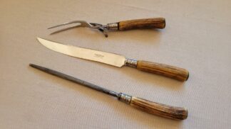 Vintage Ontario Knife Co. Tru Edge never stain steel 3 piece carving set with antler handles. Comes with the knife, honing steel, and fork, collectible made in USA knives and kitchen tools