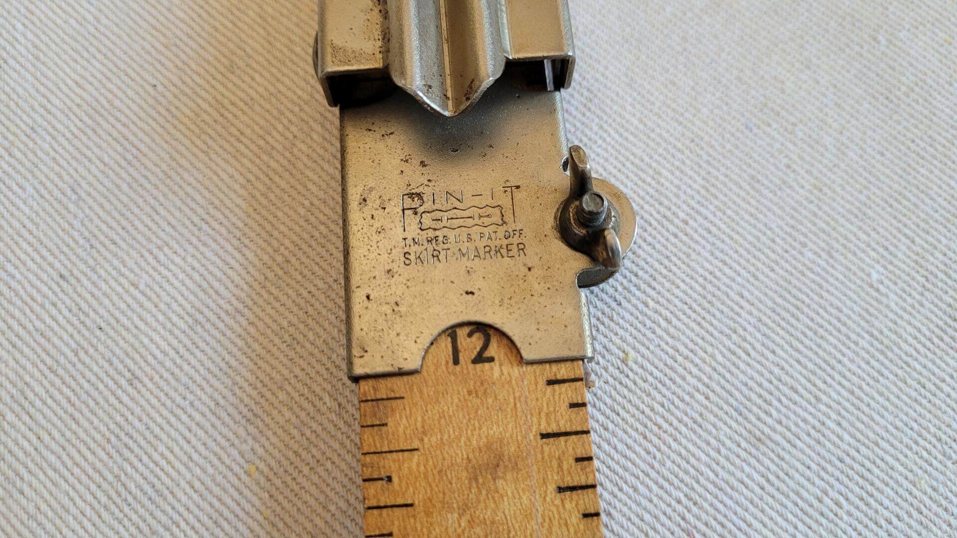 Pin It skirt marker hem line measuring tool with adjustable mount by Orco Products Inc from Dayton Ohio. Vintage MCM made in USA collectible sewing tools and accessories