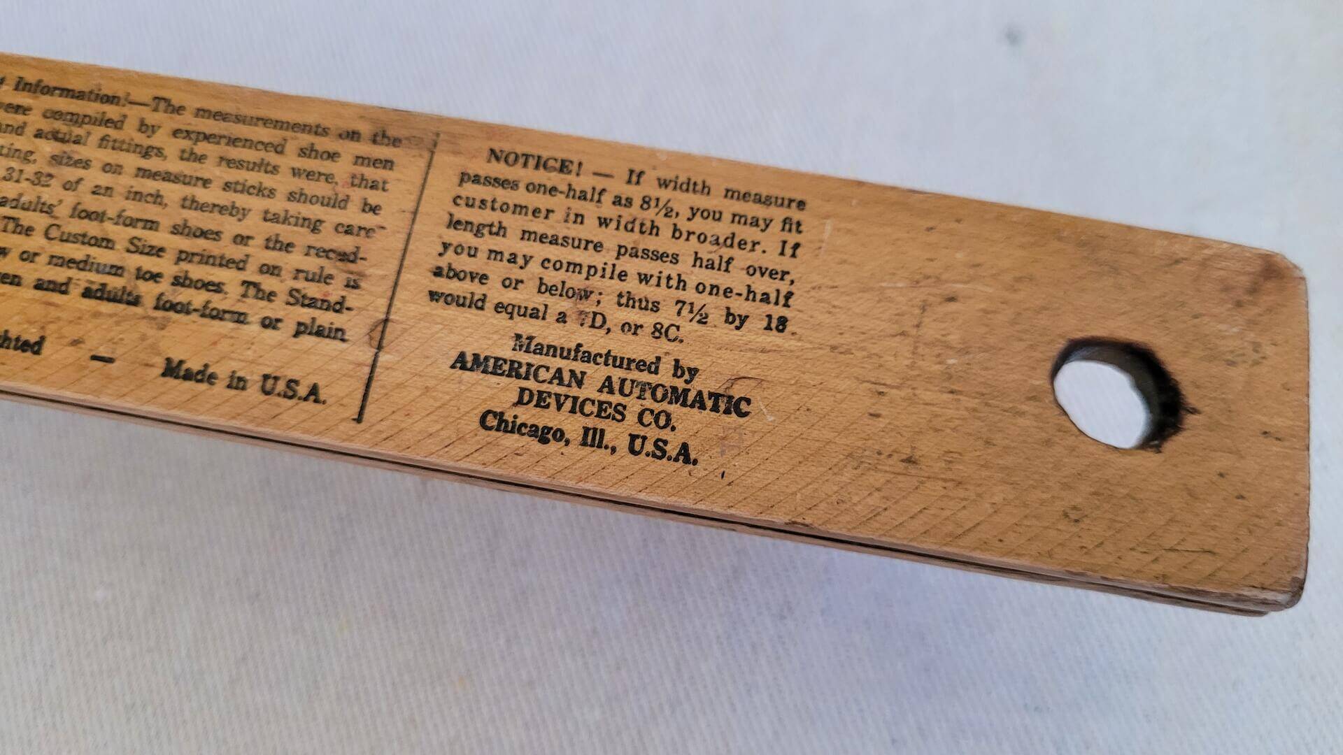 Ritz wooden foot size measuring tool manufactured by American Automatic Devices Co from Chicago Ill. Vintage MCM made in USA collectible shoe sizer and shoe store fitting tool and accessory.