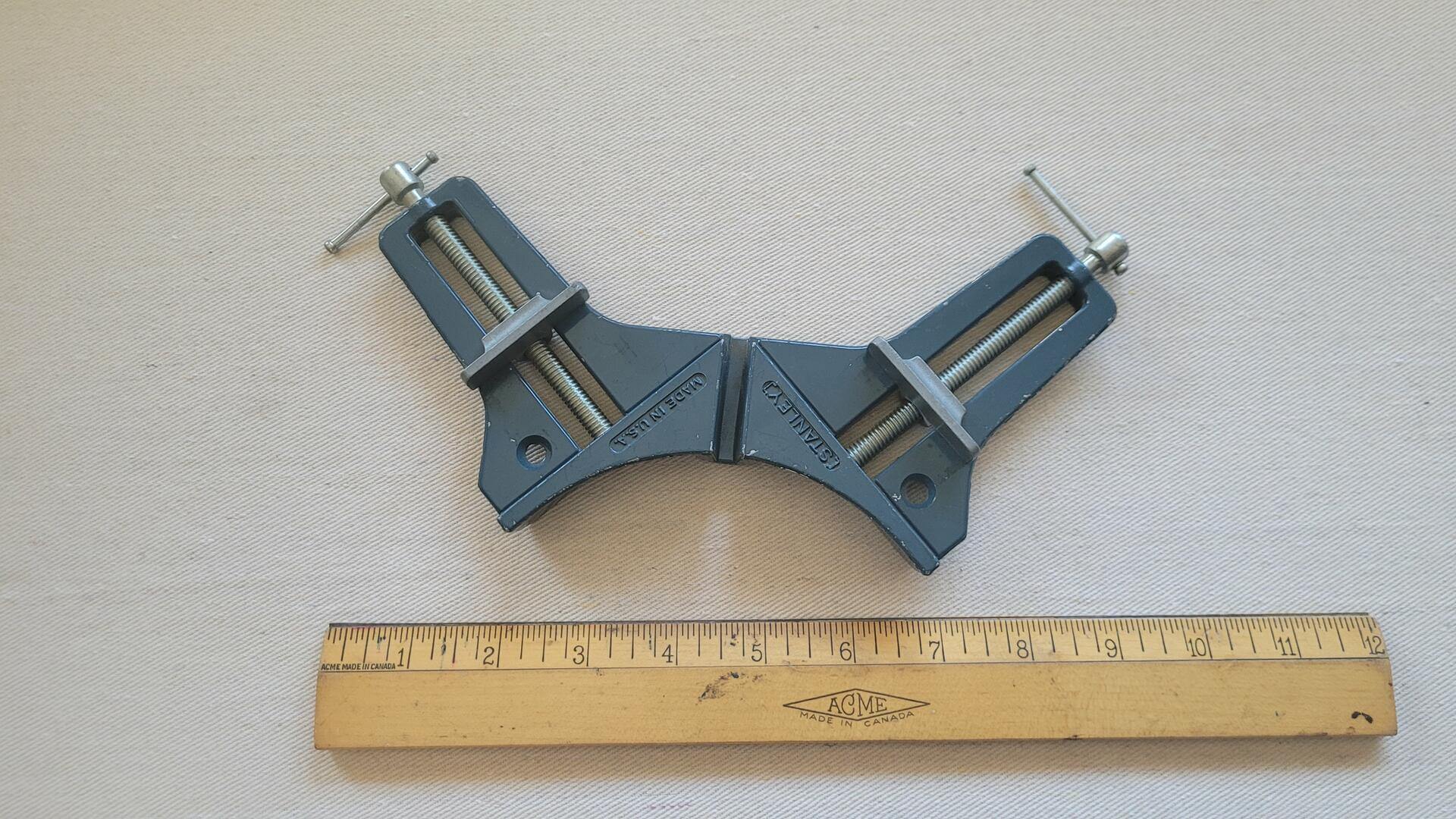 Stanley No 83-404 corner mitre clamps cast aluminum picture framing tool. Vintage made in USA woodworking carpentry vises and clamps