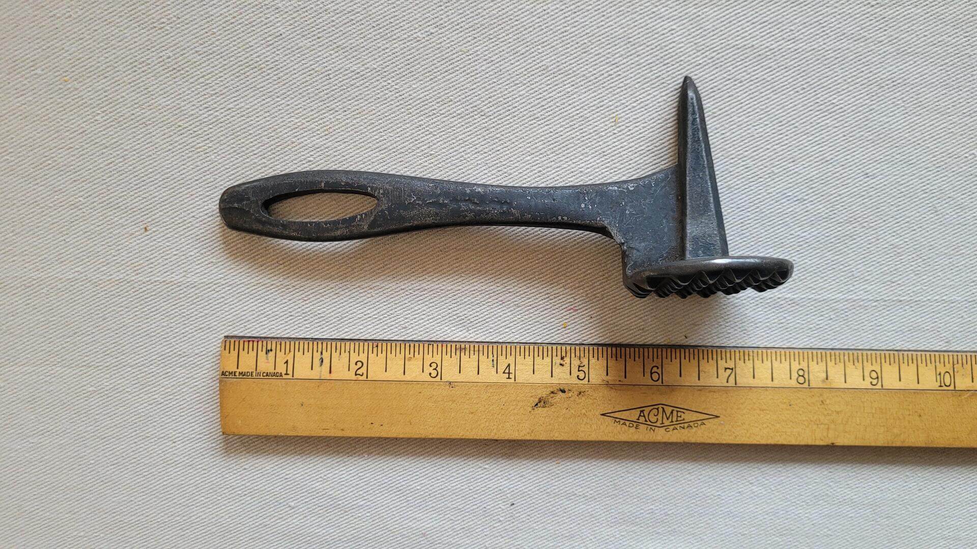 Vintage farmhouse cast iron meat tenderizer cooking hammer tool with serrated teeth and pick 8 inches long