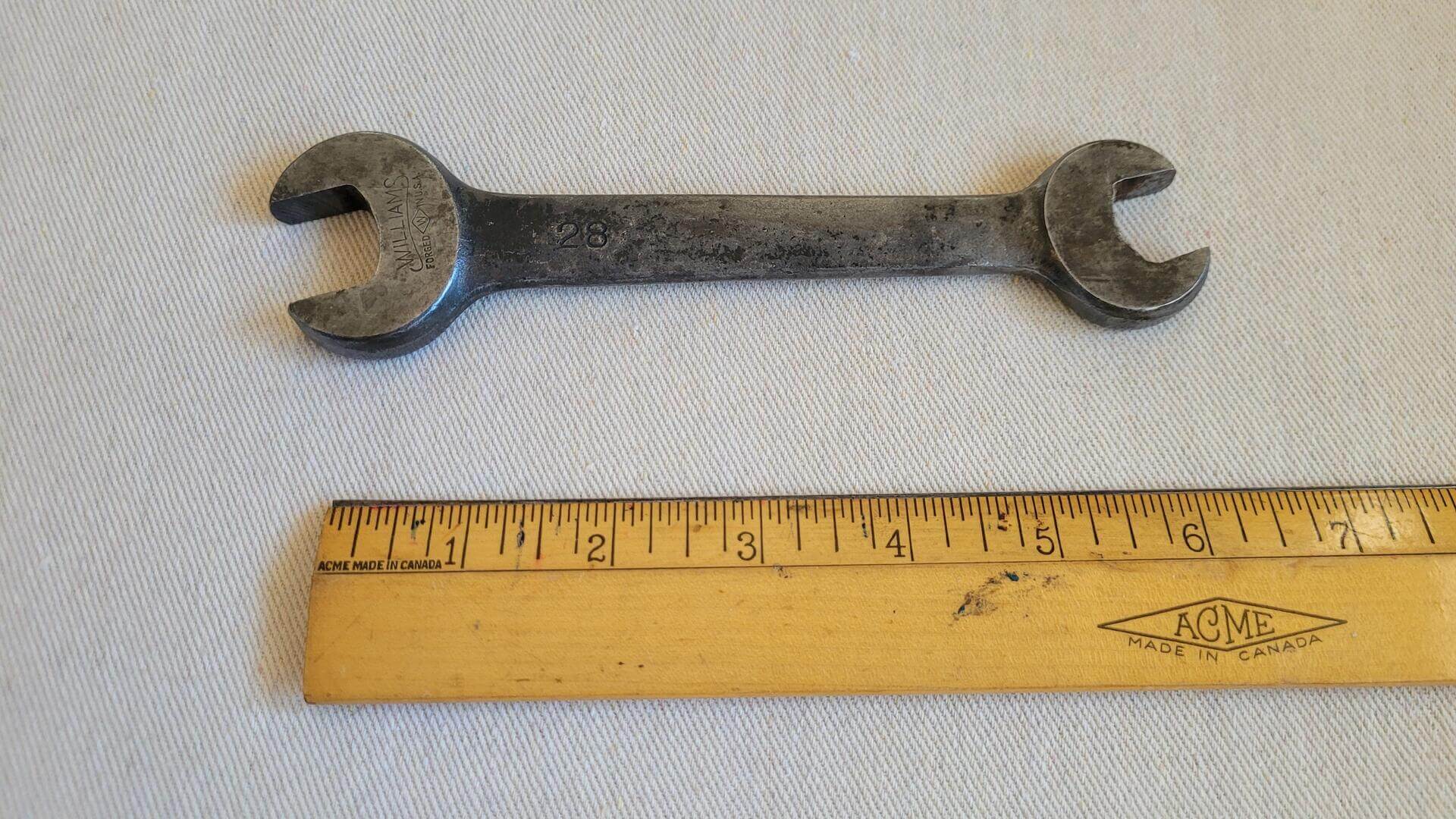 Vintage J.H. Williams Tool Group forged steel #28 open end wrench rare 19/32" and 25/32" size. Antique made in USA collectible mechanic and automotive hand tools