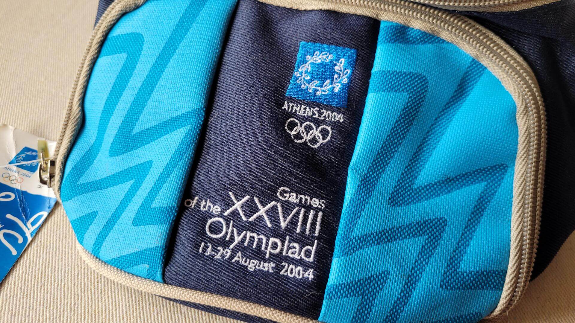 2004 Olympics official pouch bag or fanny waist pack. Rare vintage Athens Olympic Games official fan apparel and collectible Olympic memorabilia