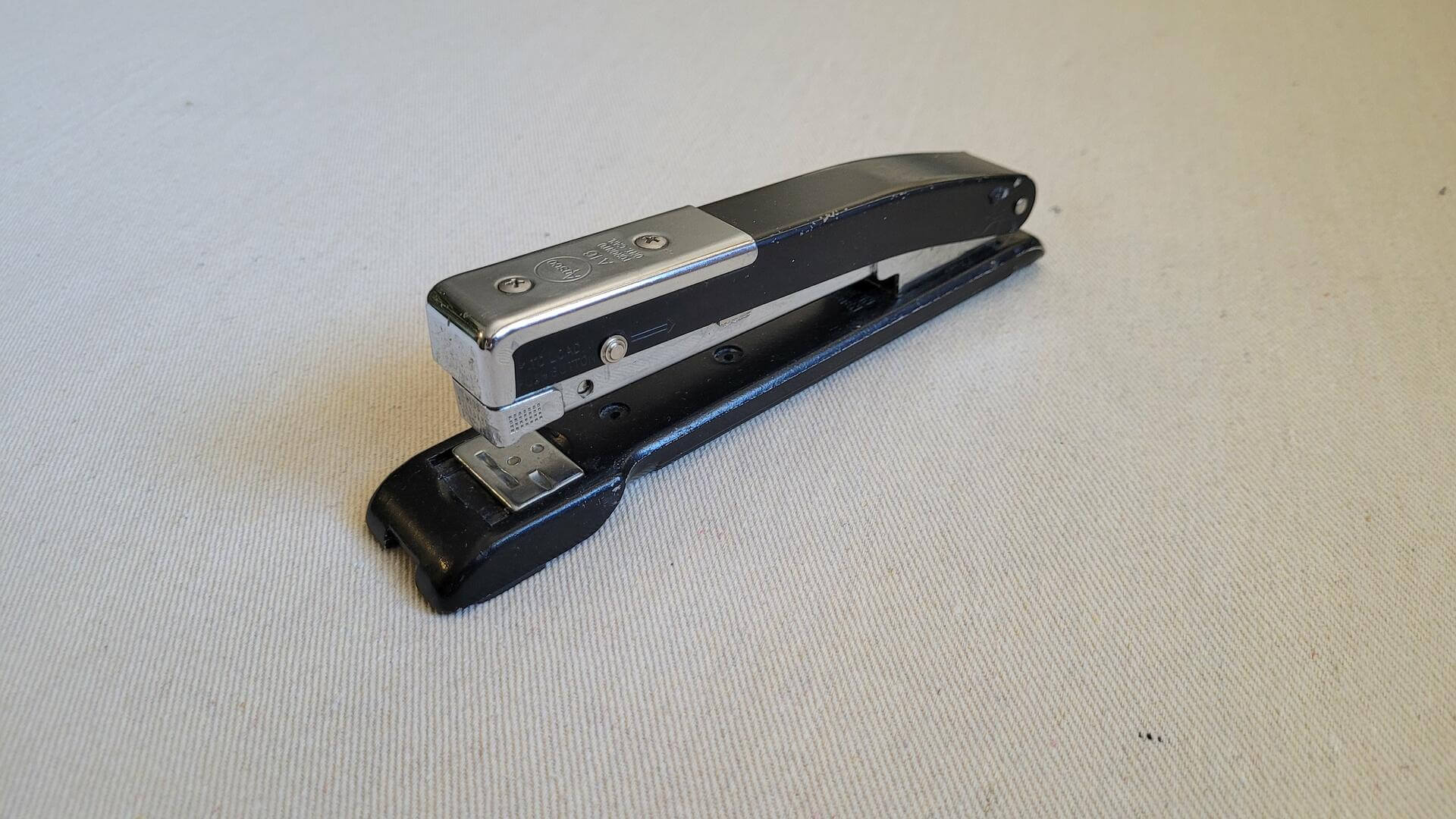 MCM Apsco A16 black and chrome steel paper stapler Isaberg Verkstadts AB design. Vintage made in Sweden collectible mid century office tools and equipment