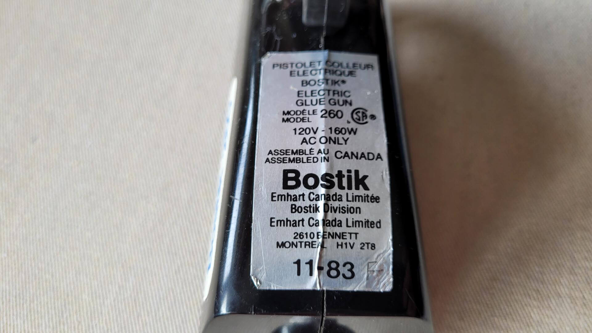 Vintage Bostik 260 thermogrip industrial electric hot glue gun by Emhart Canada Ltd. Heavy duty collectible craft tools and hot glue dispenser
