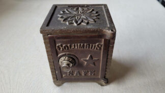 Vintage Columbus cast iron miniature safe combination coin bank. Antique made in USA piggy bank toy & banking, registers, and vending collectible