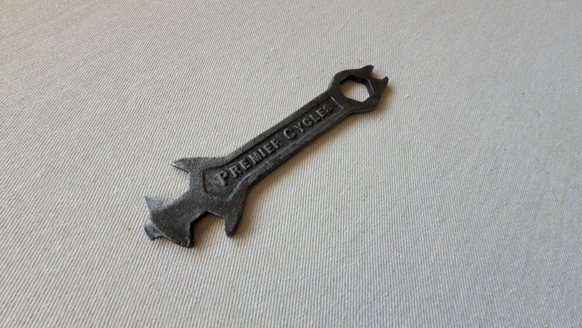 Rare vintage Premier Cycle Co Ltd Coventry original bicycle multi spanner. Antique made in England collectible wrenches and bike tools