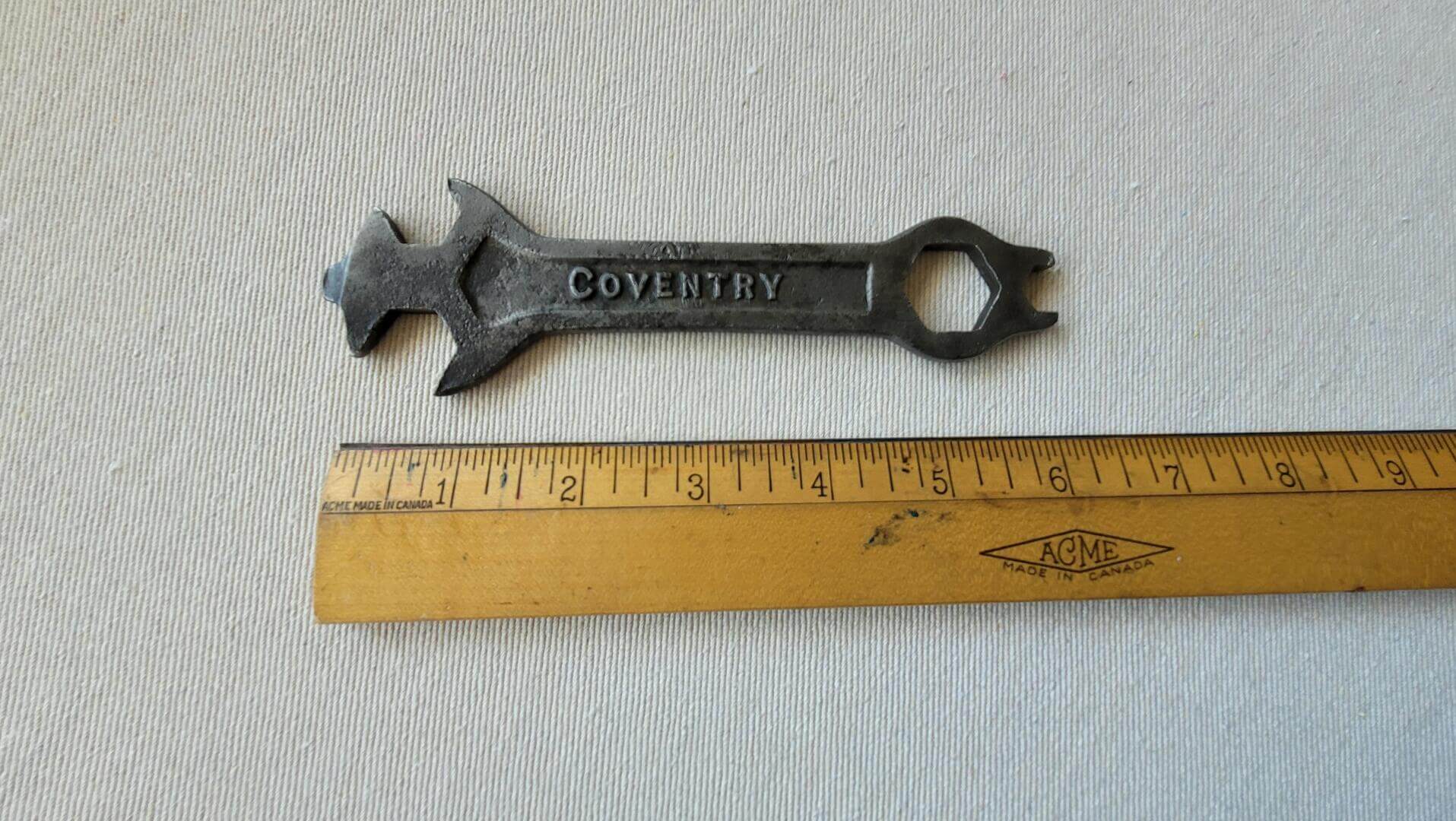 Rare vintage Premier Cycle Co Ltd Coventry original bicycle multi spanner. Antique made in England collectible wrenches and bike tools