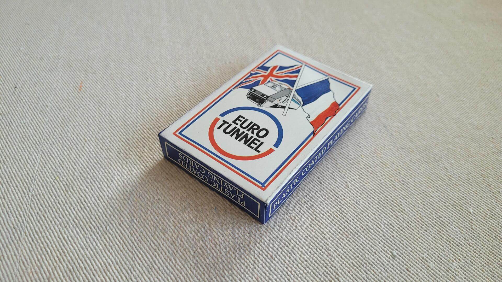 1990s vintage Eurotunnel playing cards by Sampson's Destination Gifts. Collectible original ephemera celebrating Channel Tunnel that links England to France