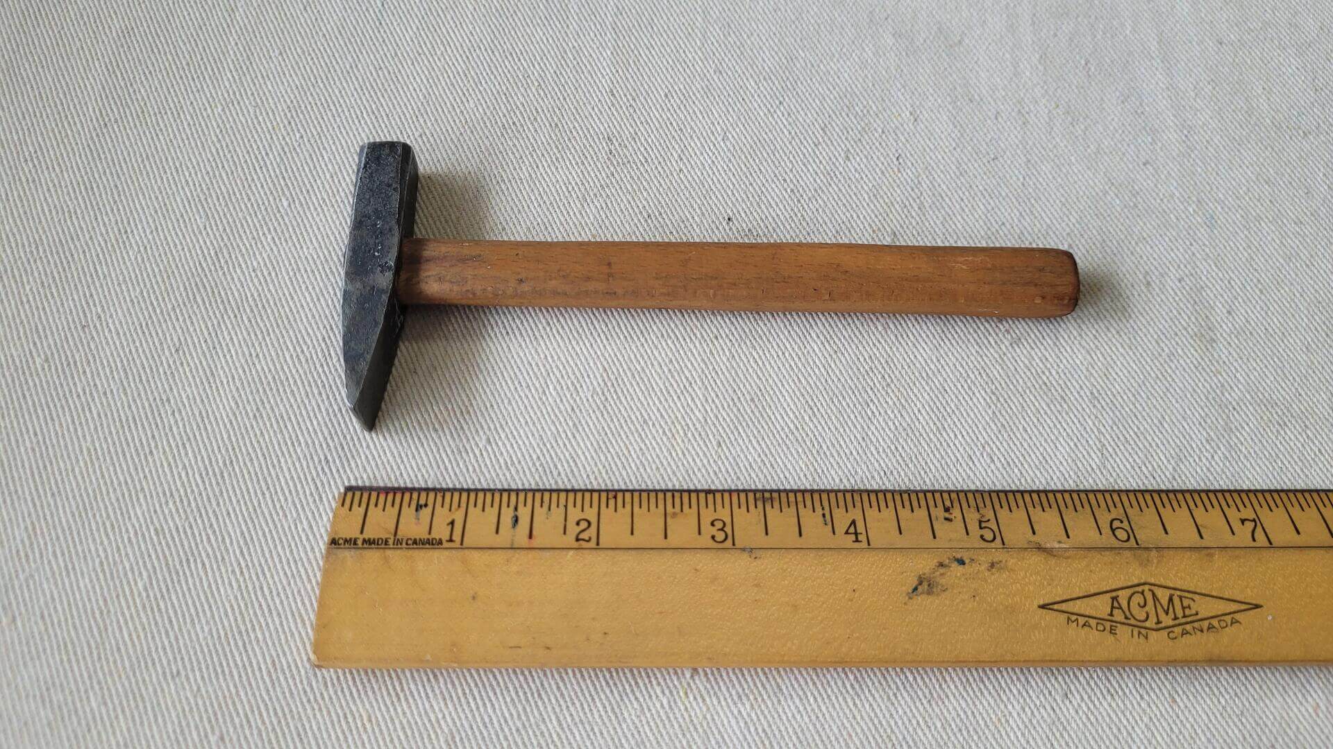 Vintage miniature cast steel jewelry and gun smith cross peen hammer 6 inches long with wooden handle. Fine antique collectible striking hand tools