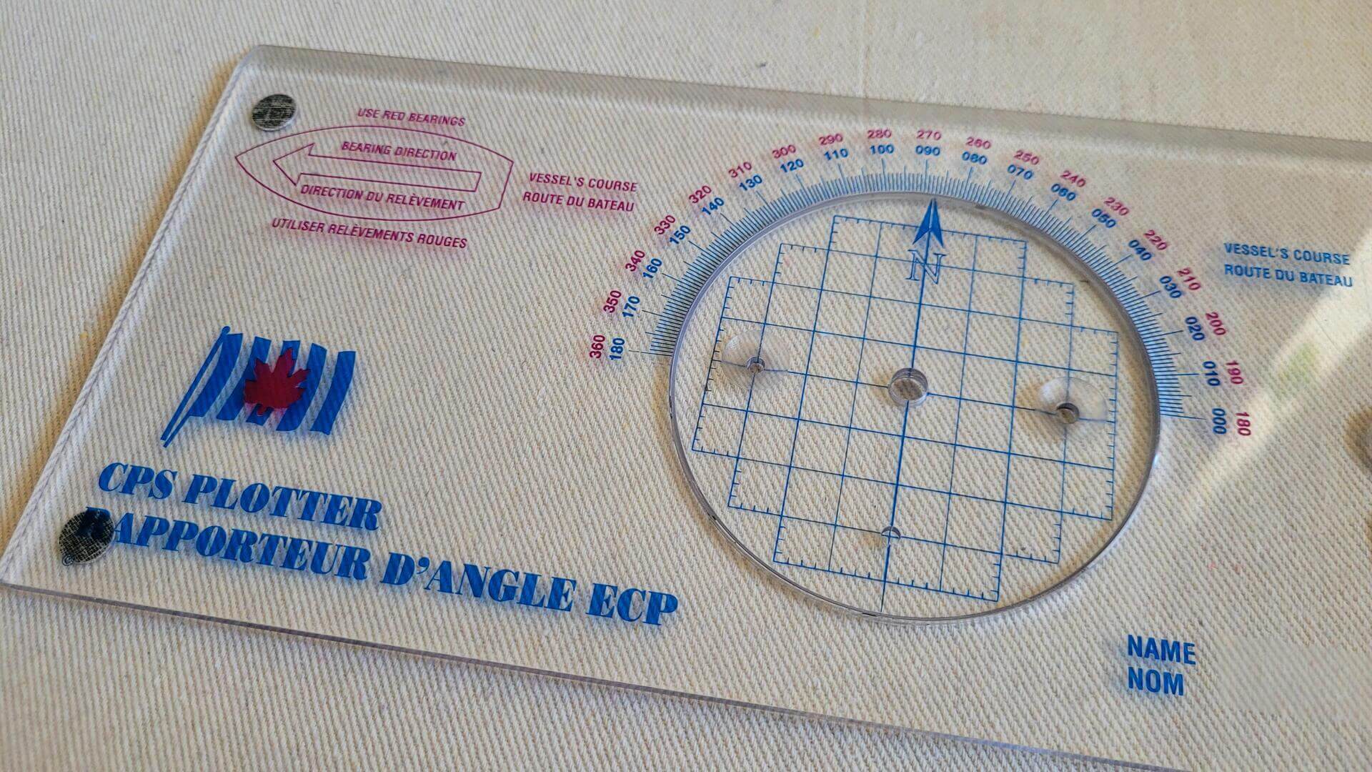 Canadian Sail and Power Squadron navigation protractor and course plotter. Use the nautical CPS plotter to plan a cruise, label course lines, LOPs, DR positions, fixes, and required standards of accuracy for chartwork. Sailing and boating tool for drawing courses or plotting bearings