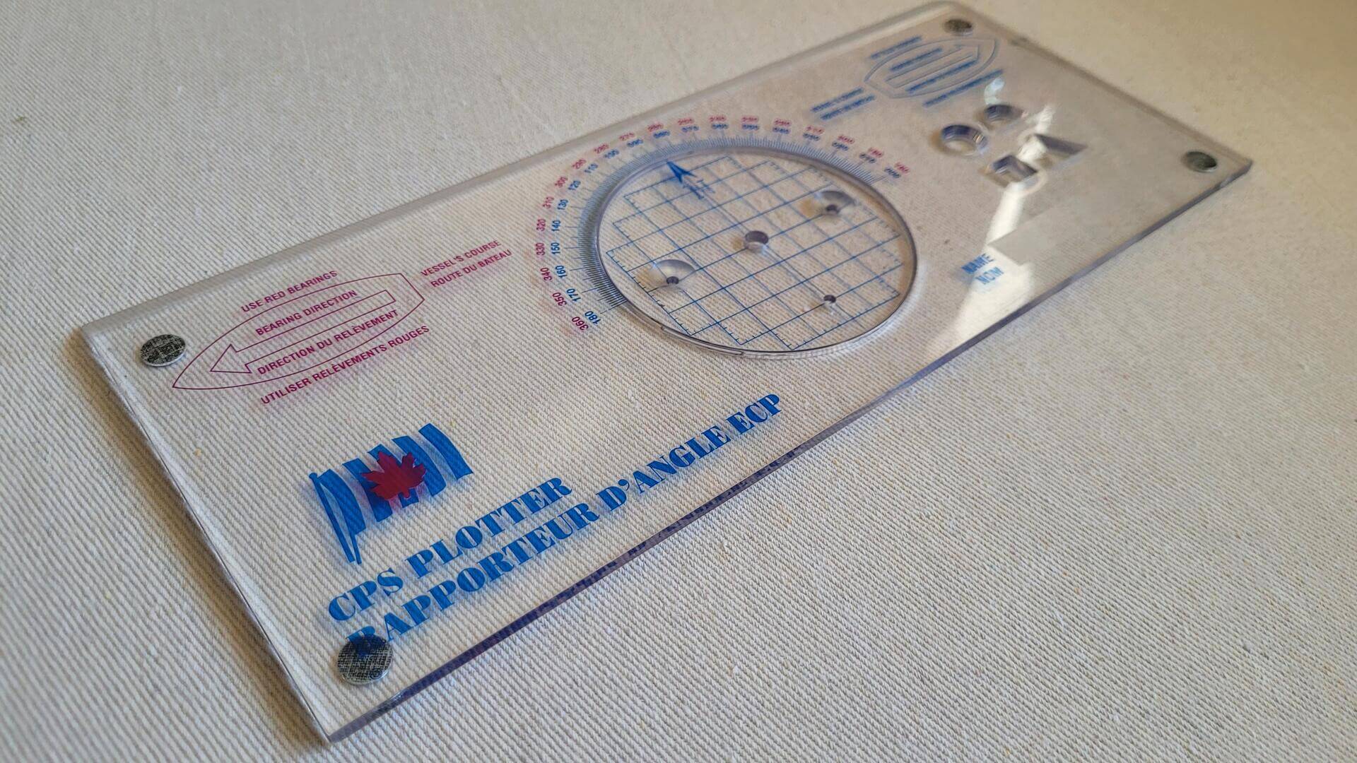 Canadian Sail and Power Squadron navigation protractor and course plotter. Use the nautical CPS plotter to plan a cruise, label course lines, LOPs, DR positions, fixes, and required standards of accuracy for chartwork. Sailing and boating tool for drawing courses or plotting bearings