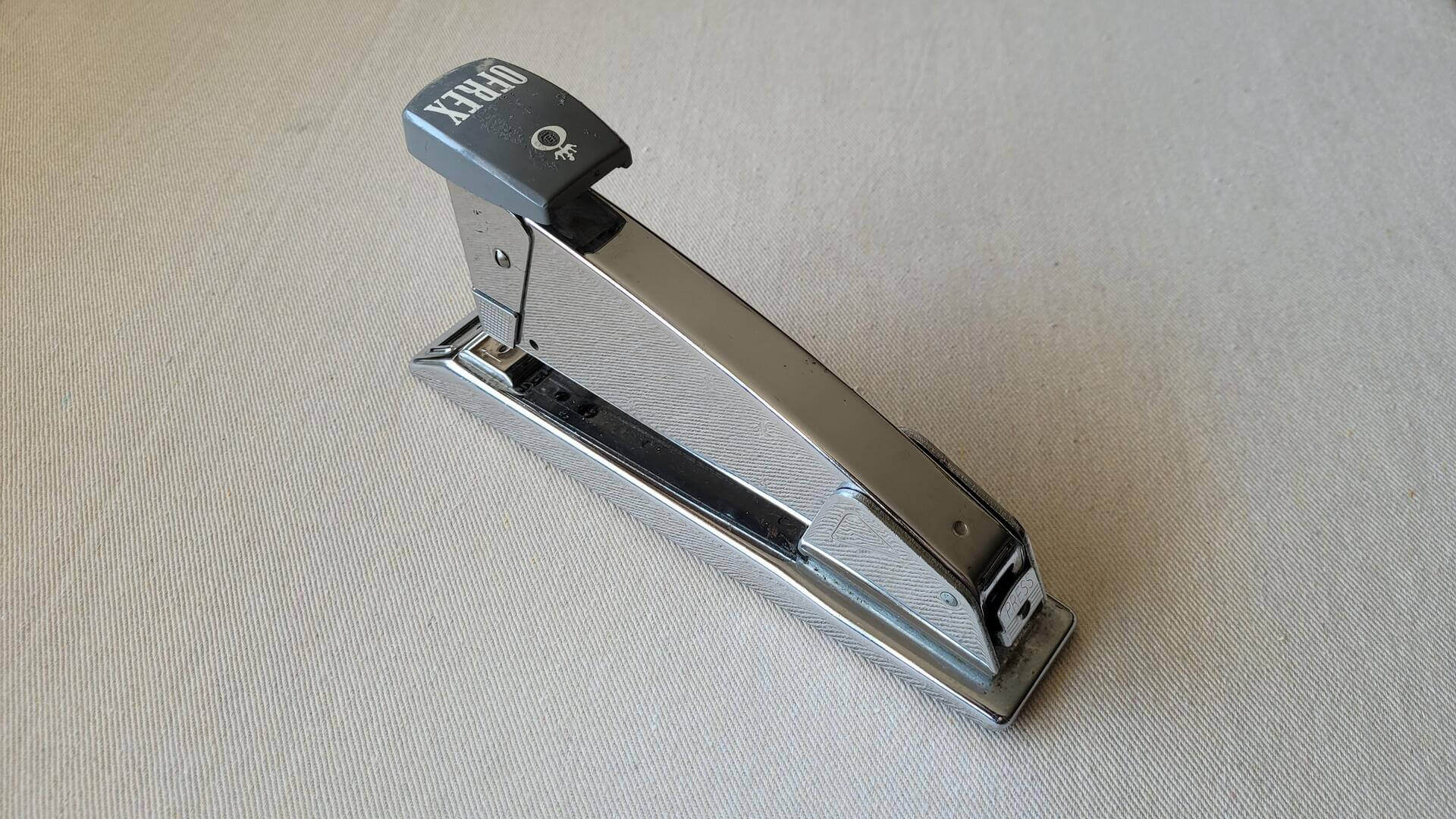 Large vintage stapler by Ofrex Samson 60 model in stainless steel 8 inches long. Retro mid century made in England collectible office equipment