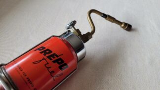 1940s antique Prepo Corporation brass blow torch with orange Prepo Feul container. Vintage Made in USA collectible mid century plumbing soldering tools