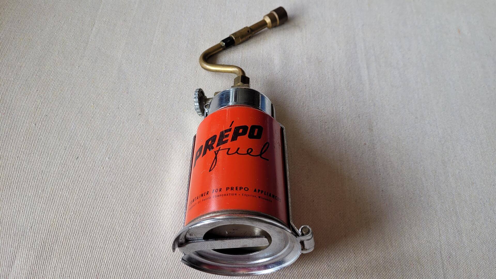 prepo-corporation-brass-blowtorch-orange-prepo-feul-canister-antique-vintage-made-in-usa-blow-torch-soldering-tool-1940s-memorabilia