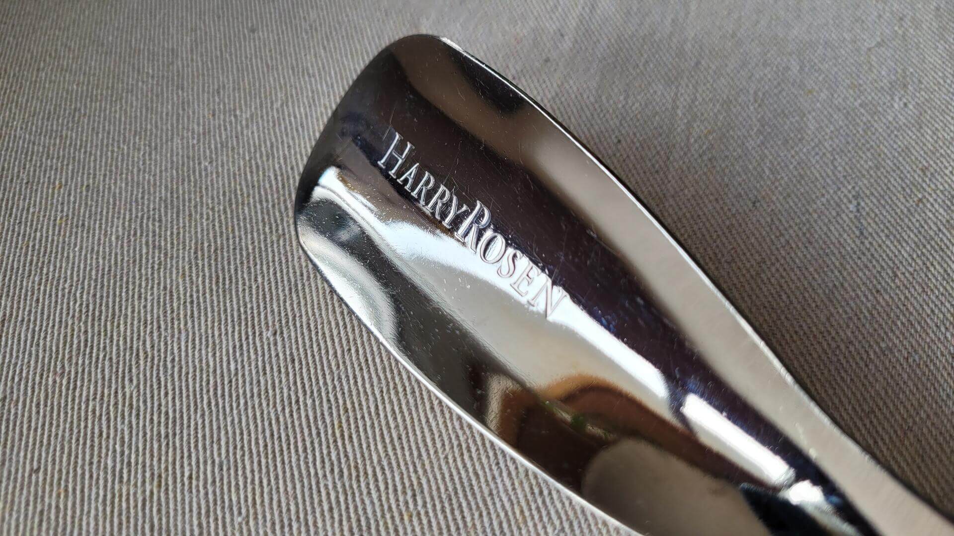 Vintage Pro Fitters stainless steel shoe horn engraved for Harry Rozen, Canadian luxury wear store. Rare fine made in USA collectible shoe accessories
