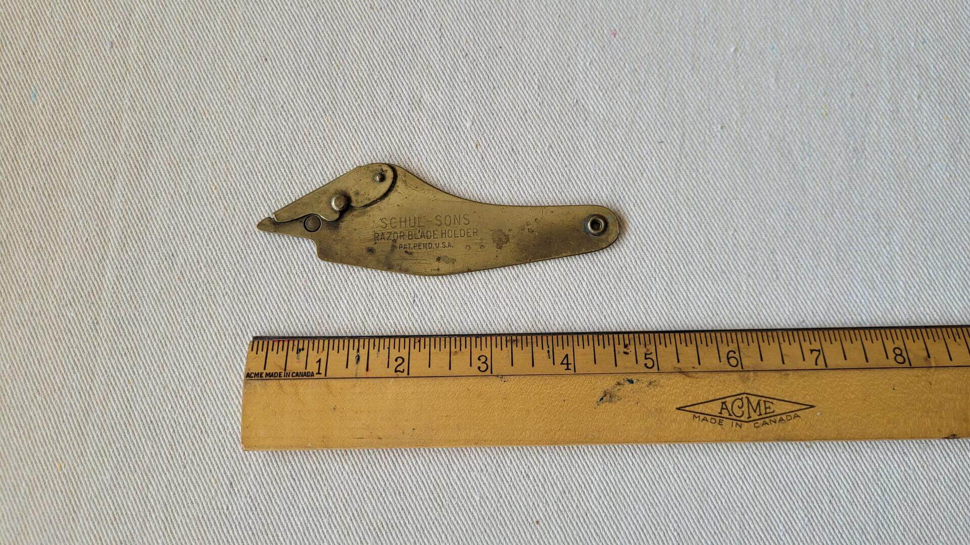 Rare antique solid brass Schul-Sons razor knife blade holder used as furrier's knife. Vintage made in USA collectible furrier and cobbler cutting hand tools