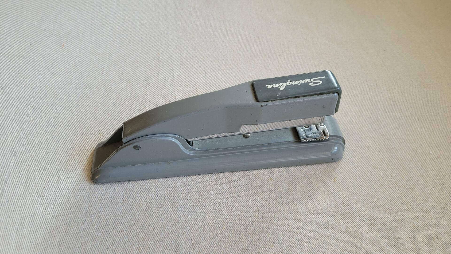 Retro 1950s swingline No. 27 steel Art Deco style stapler in battleship gray colour. Vintage made in USA MCM collectible office equipment & desk accessories