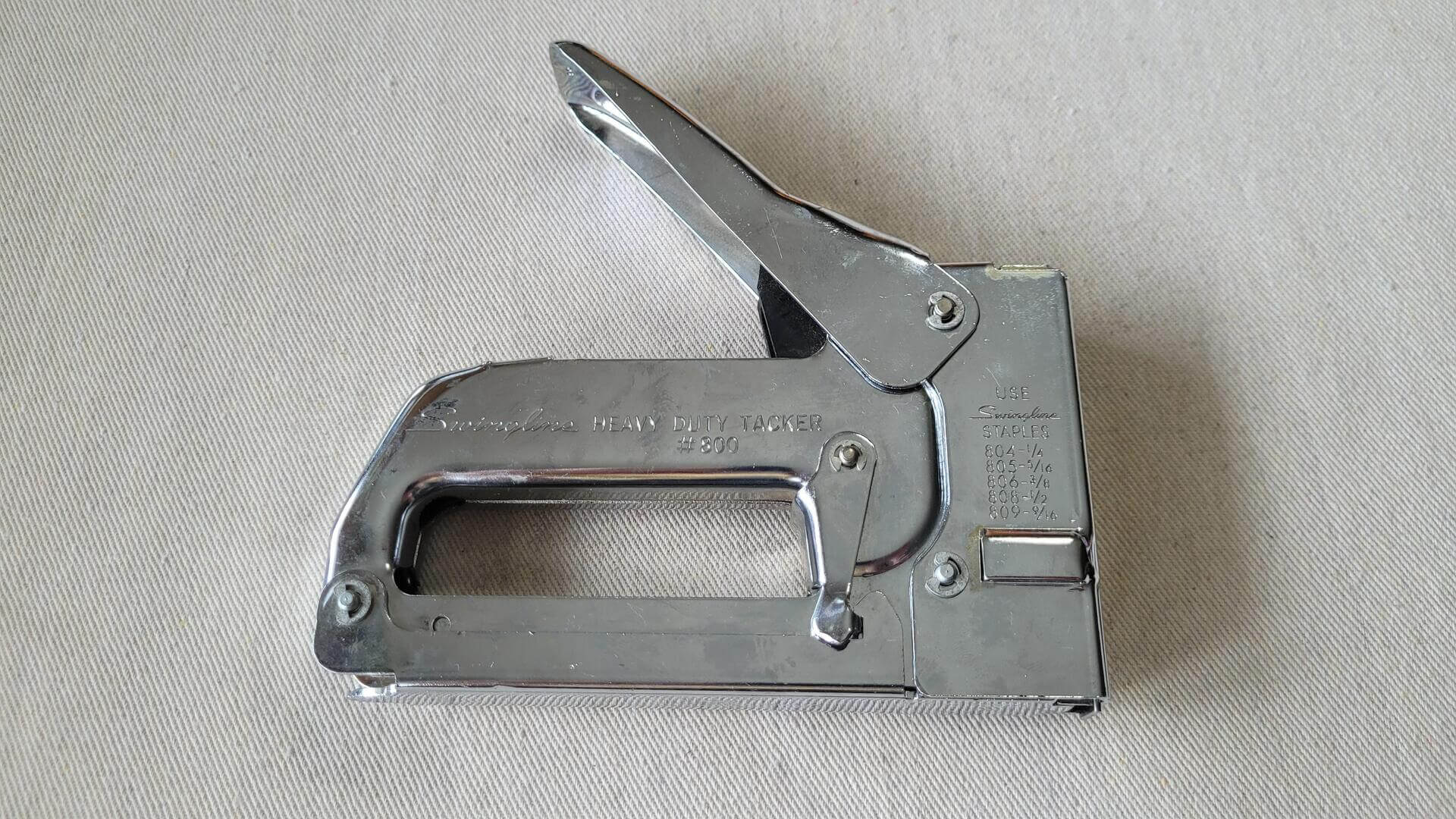 vintage Swingline No. 800 Heavy Duty chrome stapler and tacker. Fine made in USA upholstery and workshop hand held nail and staple gun