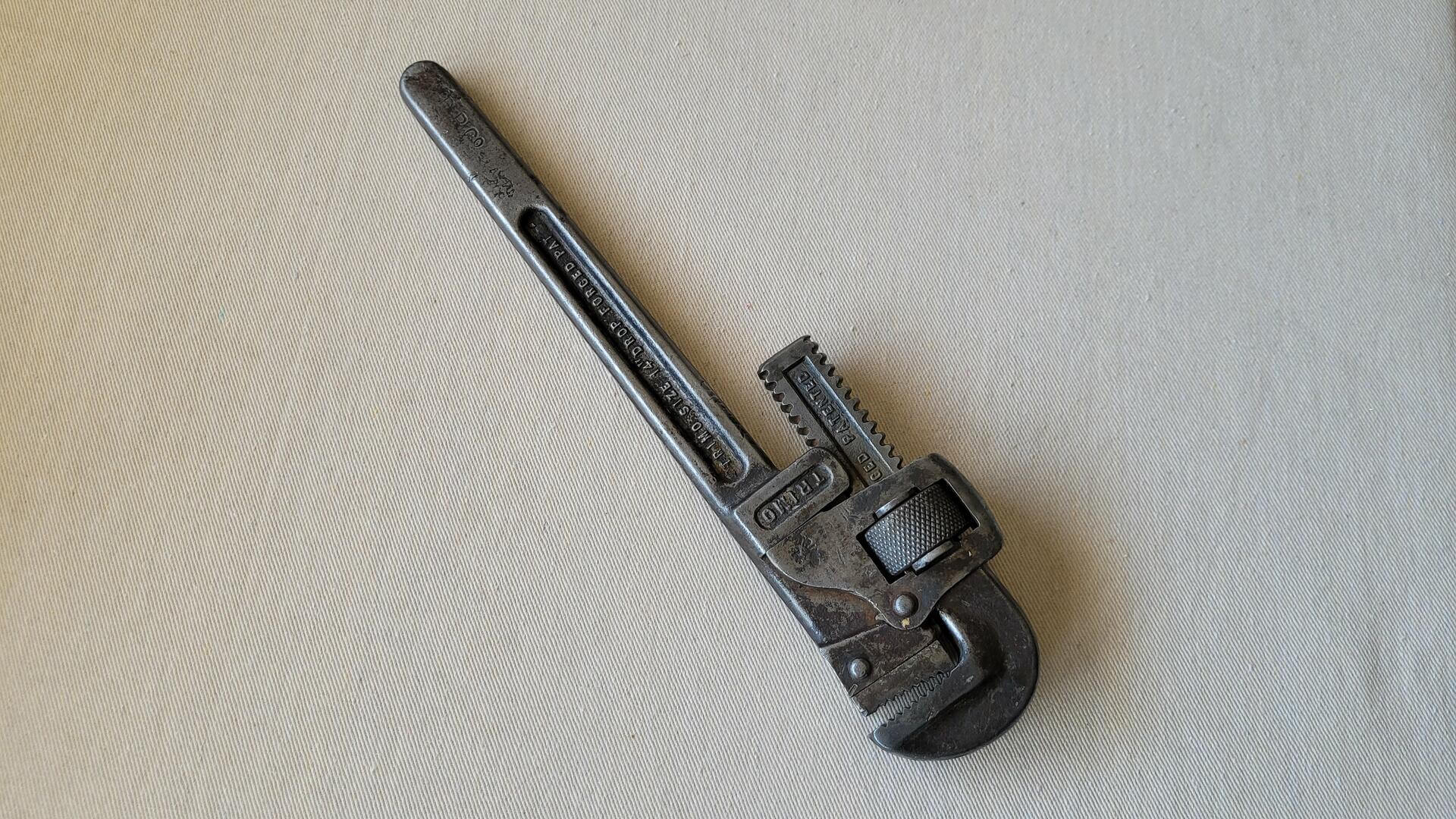 Vintage Trimo Stillson-pattern 14" adjustable pipe wrench by Trimont Mfg Co from Roxbury Mass. Antique made in USA collectible machinist and plumbing tools