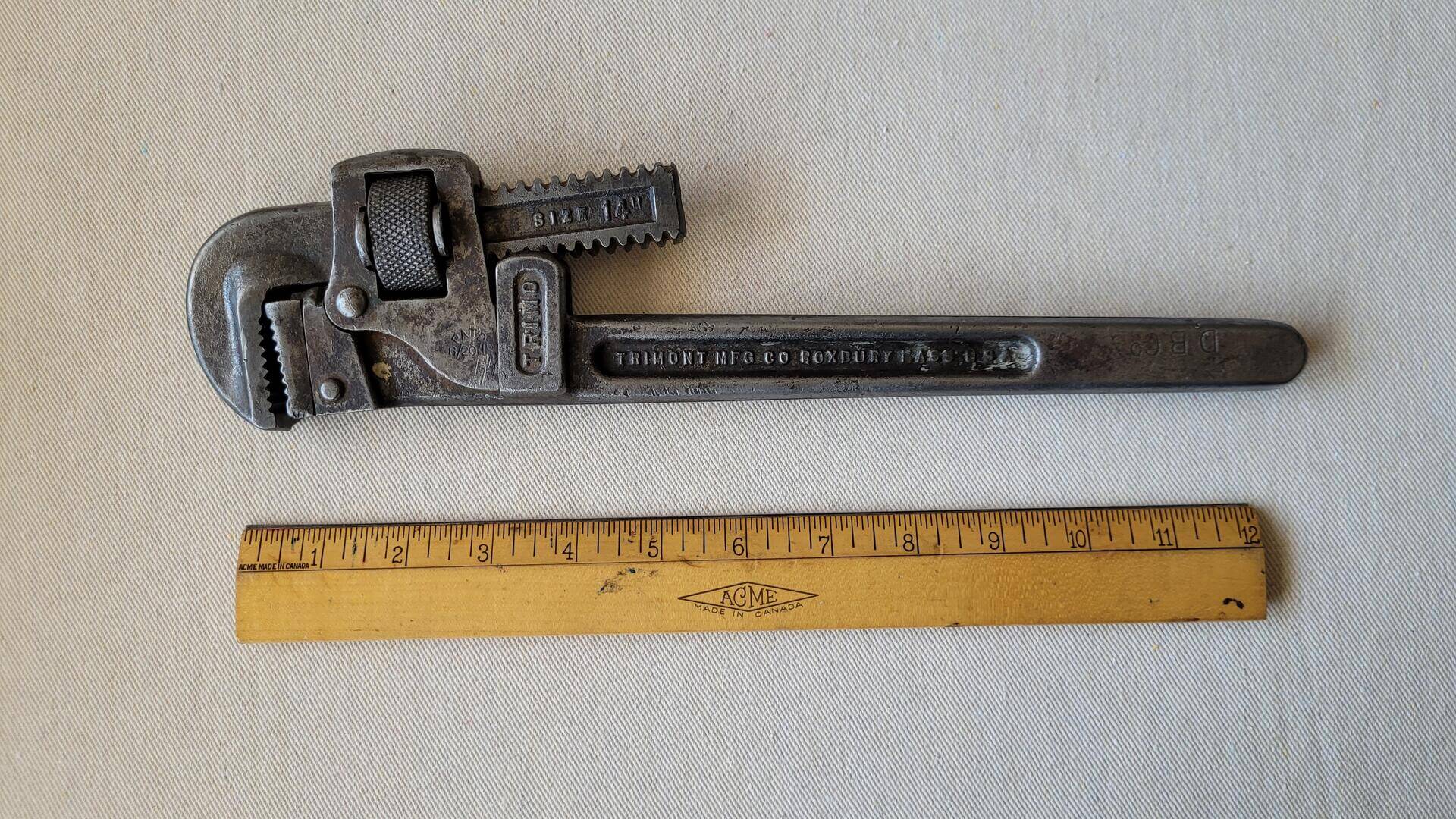 Vintage Trimo Stillson-pattern 14" adjustable pipe wrench by Trimont Mfg Co from Roxbury Mass. Antique made in USA collectible machinist and plumbing tools