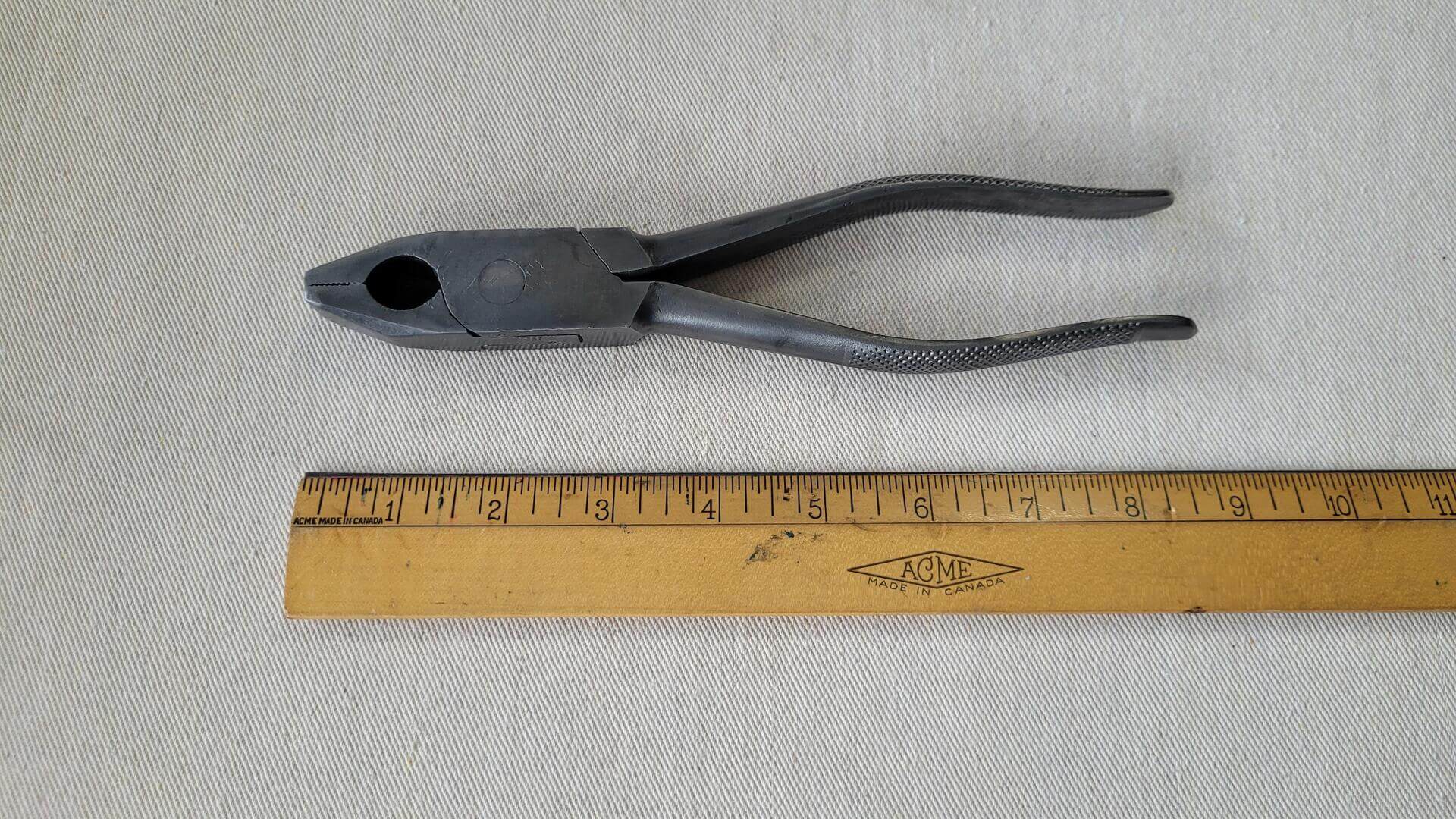 Antique Utica Tools No. 2050 8 inch Box-Joint lineman pliers with side cutters and knurled checkered handles. Vintage made in USA collectible drop forge hand tools