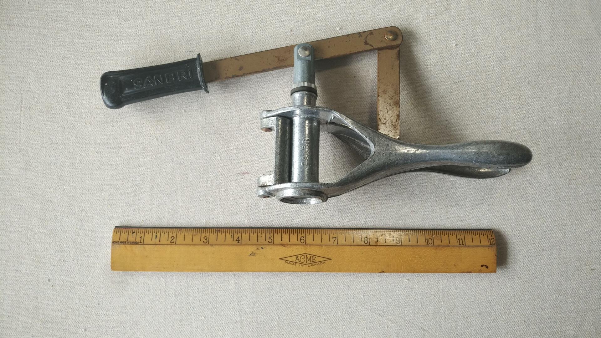 Nice solid aluminium 1960s Sanbri wine bottle corker tool to cap the bottles manually. Vintage made in France barware, breweriana, and wine making tools