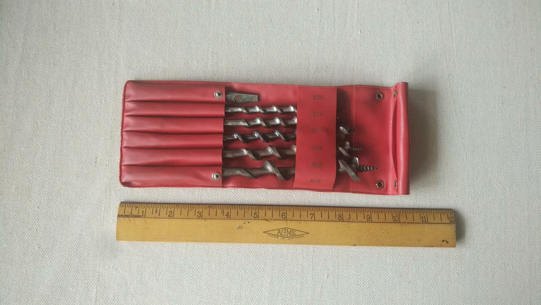 Vintage Ardex 6 piece woodworking brace hand drill auger bit set with. Antique made in Germany collectible carpentry and cabinet maker hand tools