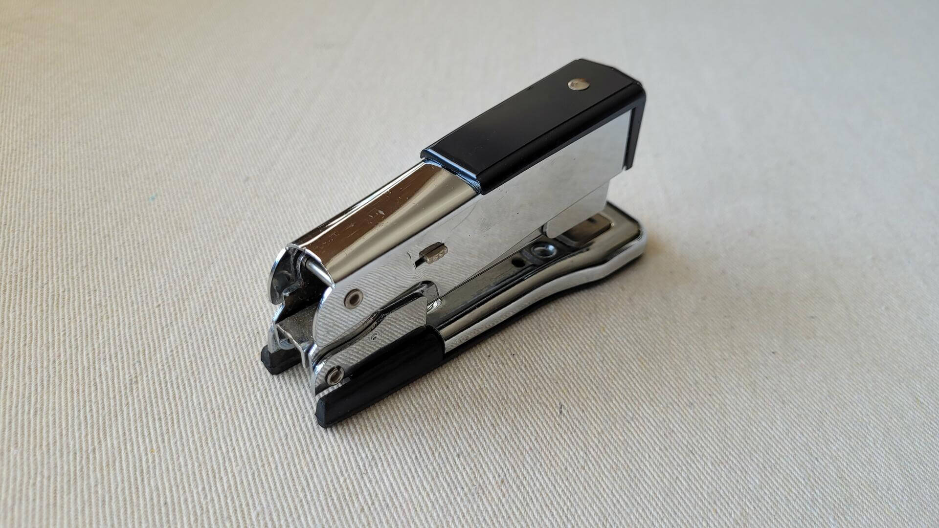 Chrome and black Arrow No 17 stapler by Arrow Fastener Co Inc from Saddle Brook, NJ. Vintage made in USA collectible office equipment and stationery tools