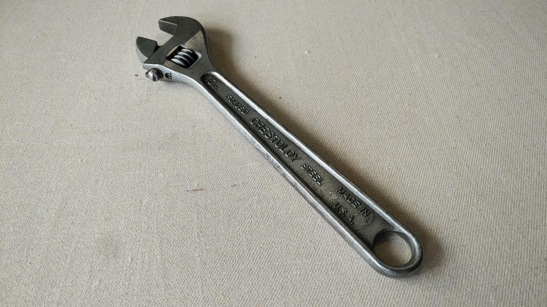 Antique Crestoloy adjustable wrench 10" by Crescent Tool Company from Jamestown, NY. Vintage made in USA collectible automotive and plumbing hand tools