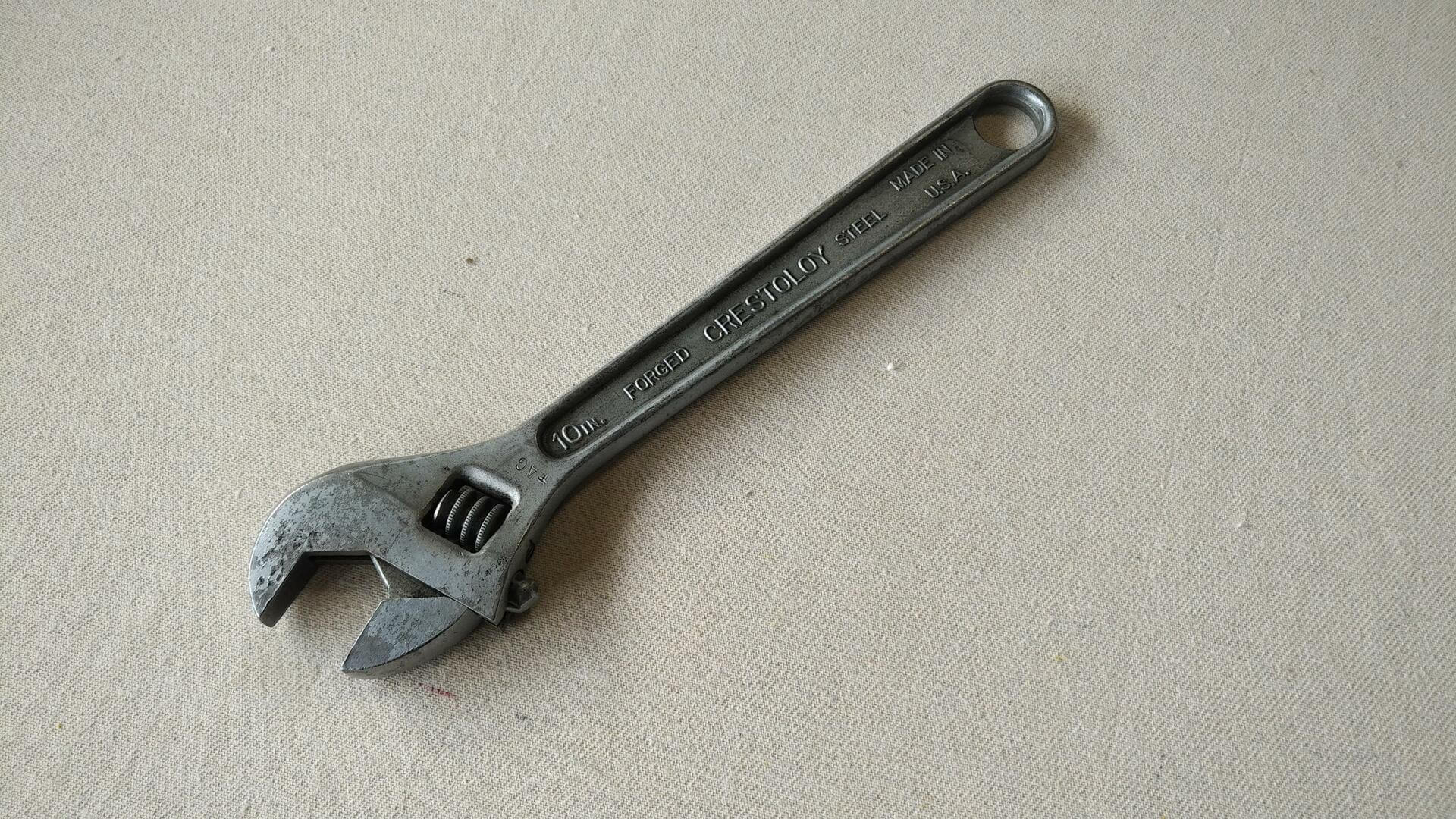 Antique Crestoloy adjustable wrench 10" by Crescent Tool Company from Jamestown, NY. Vintage made in USA collectible automotive and plumbing hand tools