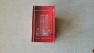 Vintage NYC World Trade Center laser etched crystal glass paperweight w original box. Made in USA Twin Towers memorabilia & laser 3D etched art collectibles