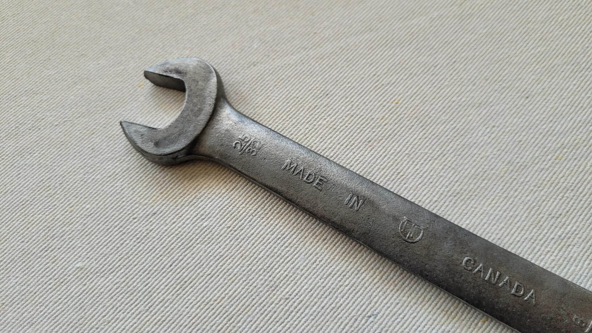 Rare antique open end wrench spanner 25/32" x 7/8" by ETF Engineering Tools & Forging from St. Catharines Ontario. Vintage made in Canada collectible automotive and mechanic hand tools