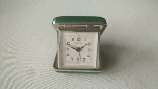 Vintage solid steel mechanical Europa 2 jewel travel desk alarm clock in the green folding box. Antique made in Germany collectible desk watches & clocks