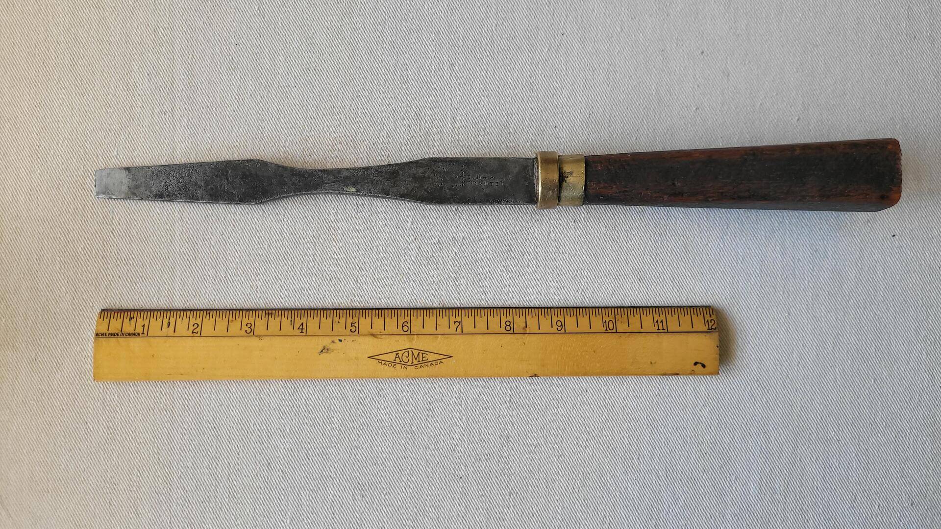 Large vintage flat blade carpenter turnscrew screwdriver engraved G.H. & S. Warranted 16" long. Rare antique collectible woodworking & cabinet maker tools