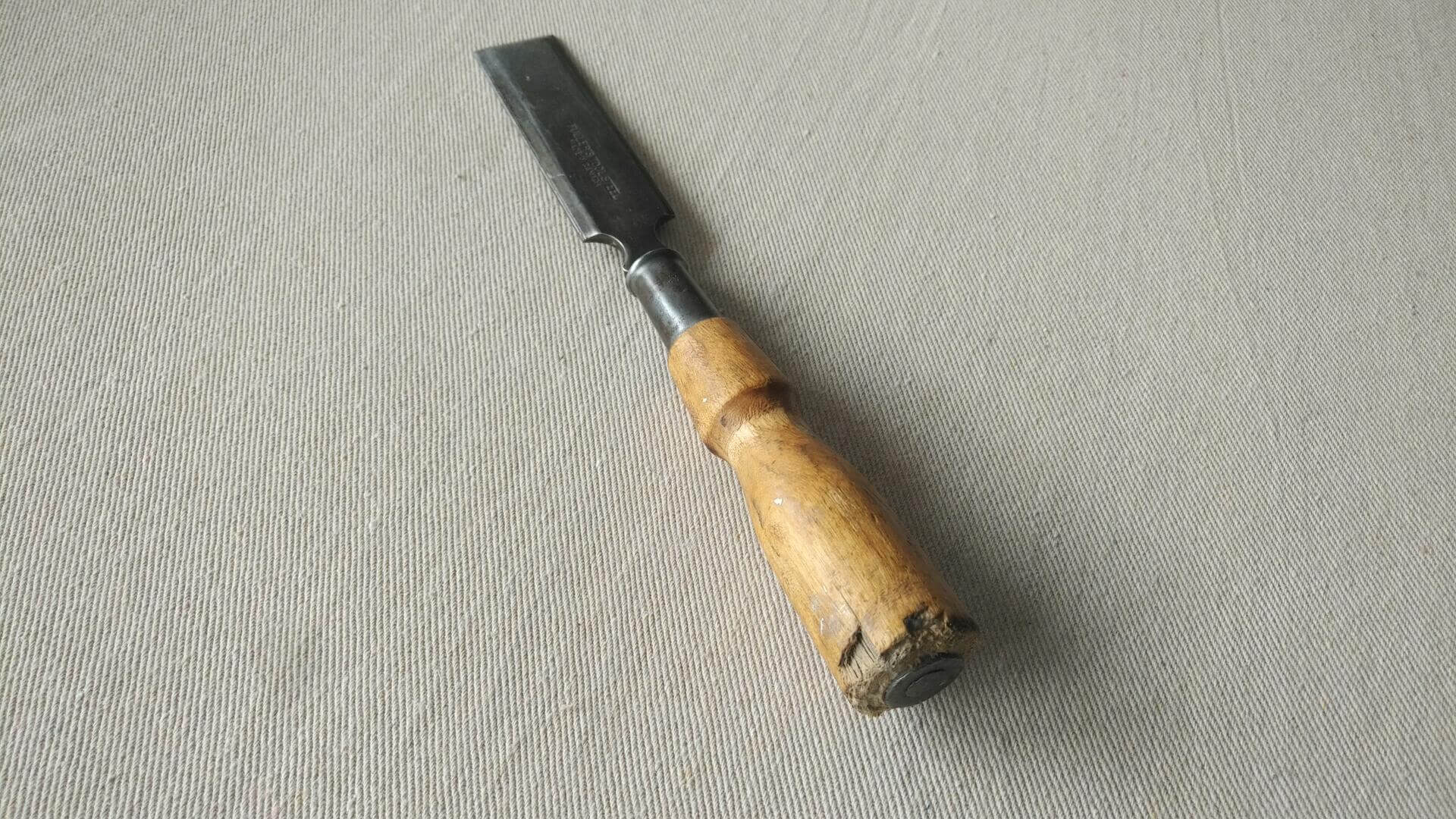 Rare antique wooden handle Fuller Tools 1" beveled edge carpentry chisel. Vintage made in Canada collectible woodworking and cabinet maker edge tools.