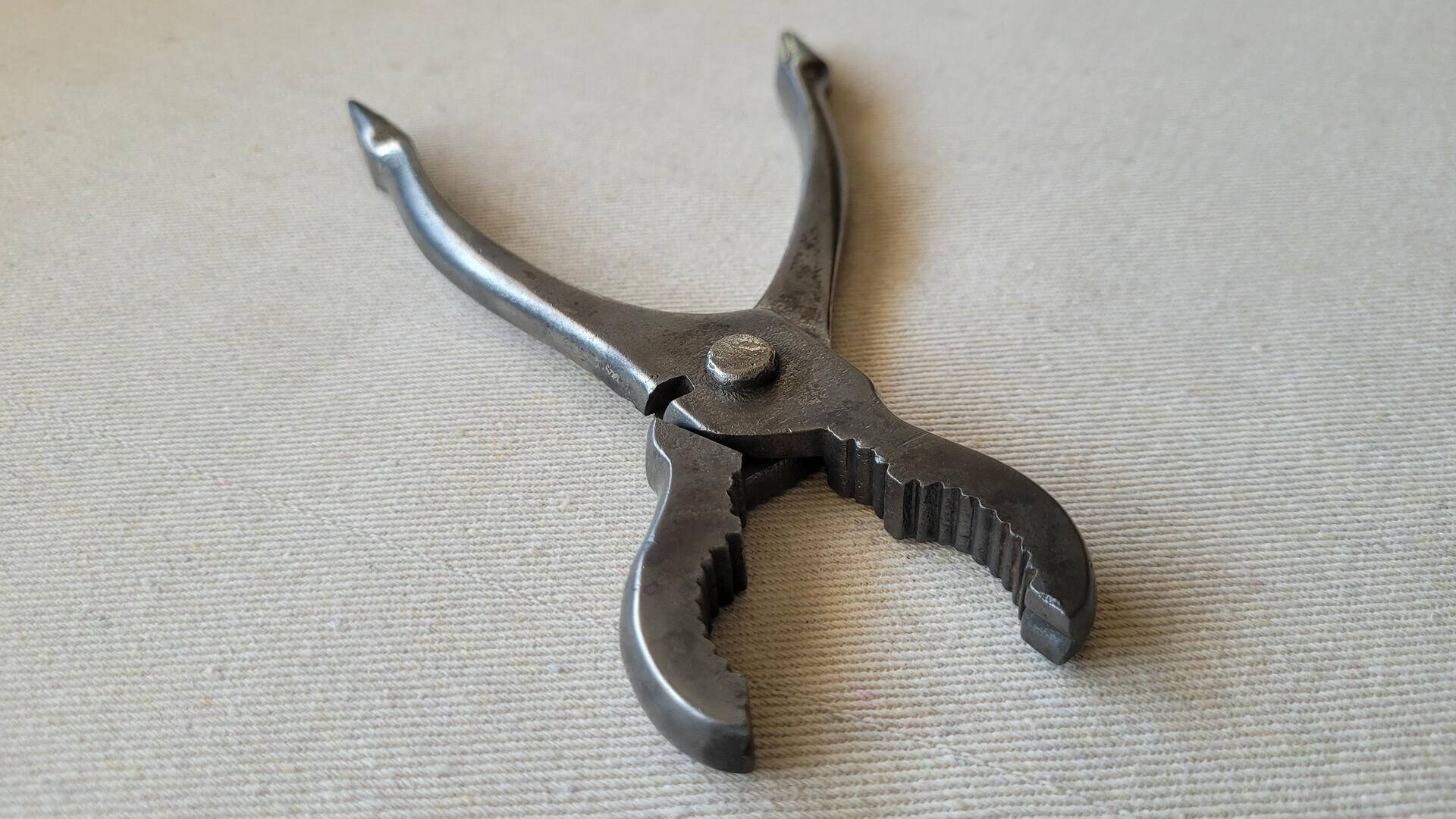 Antique gas and burner pliers w 2 curved jaws for pipework, pipe reamer & screw handles. Vintage made in USA collectible plumbing & gas fitter hand tools