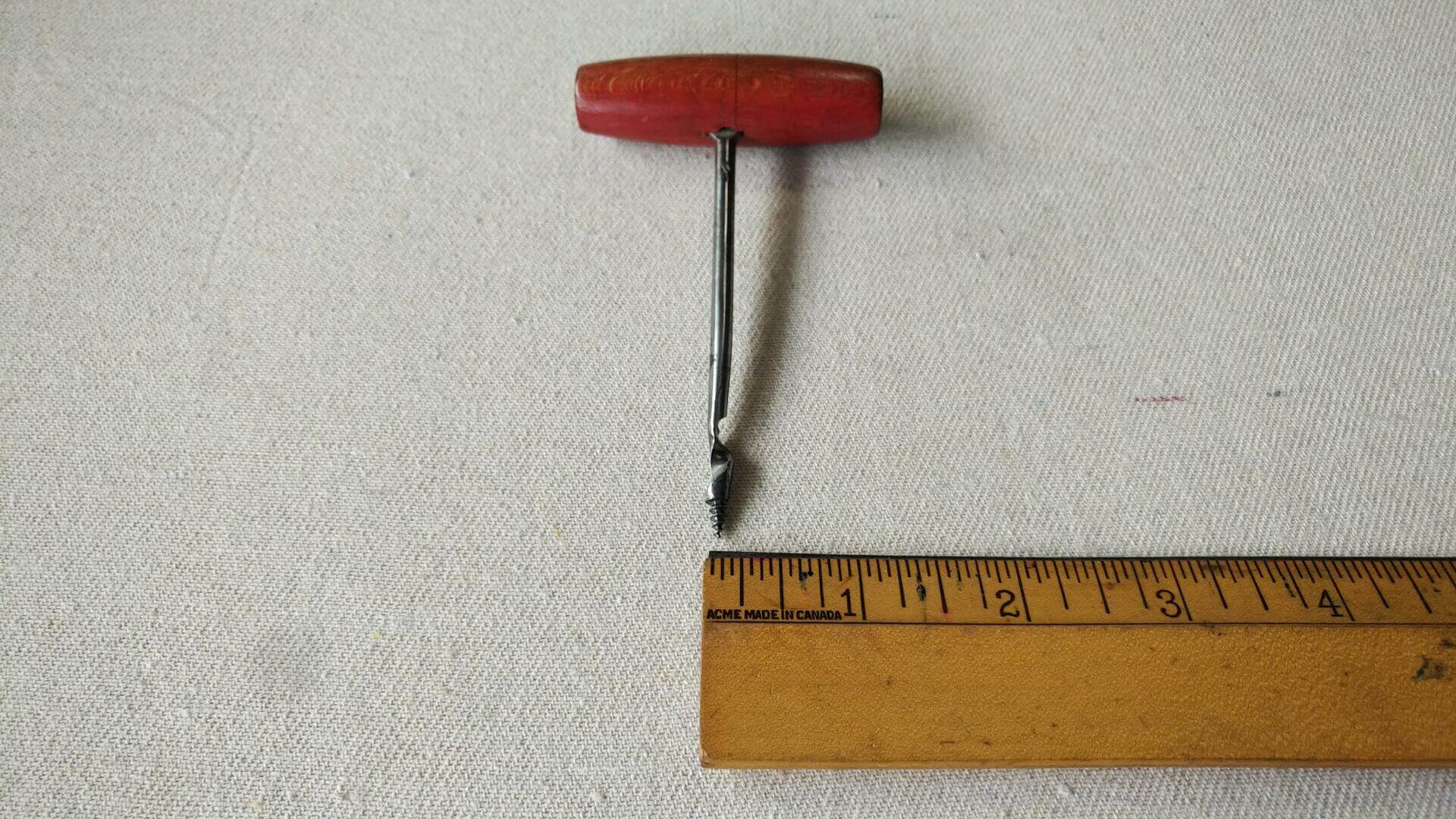 Beautiful vintage gimlet pilot drill hole starter w wooden handle & auger bit. Antique collectible primitive carpenter tendril woodworking hand tool