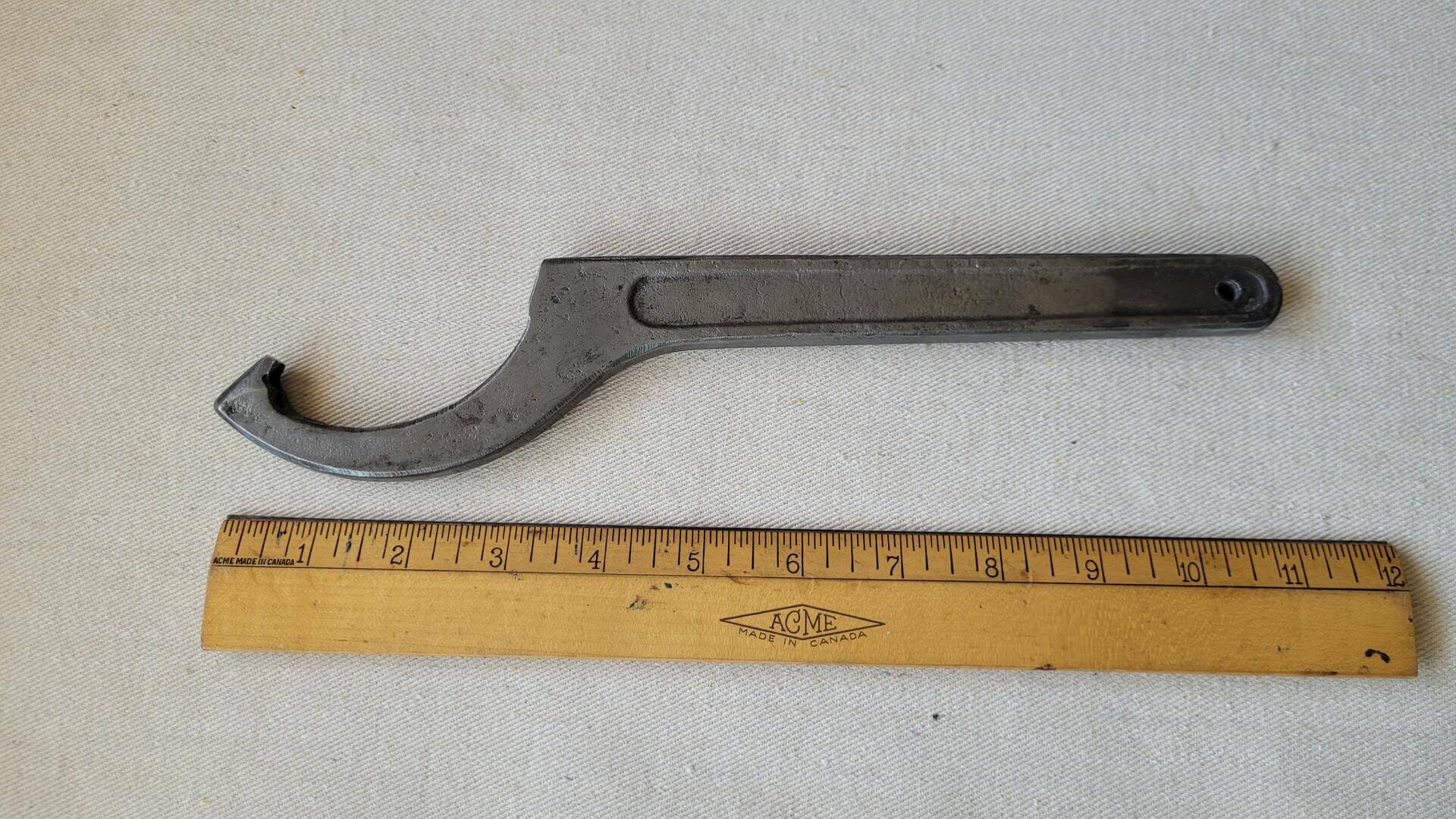 LD C hook fixed spanner wrench 90-95mm capacity used to adjust nuts on shocks. Vintage made in USA collectible automotive and motorcycle mechanic hand tools