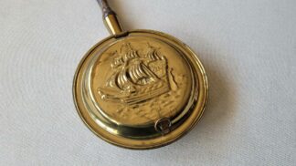 Lombard silent butler ash and crumb catcher w engraved ship motif on lid, brass & wooden handle. Antique made in England collectible dinnerware & serveware