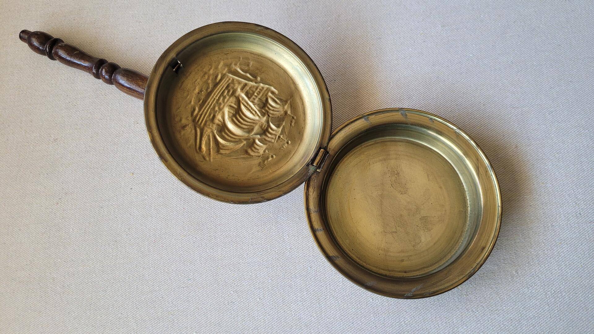 Lombard silent butler ash and crumb catcher w engraved ship motif on lid, brass & wooden handle. Antique made in England collectible dinnerware & serveware