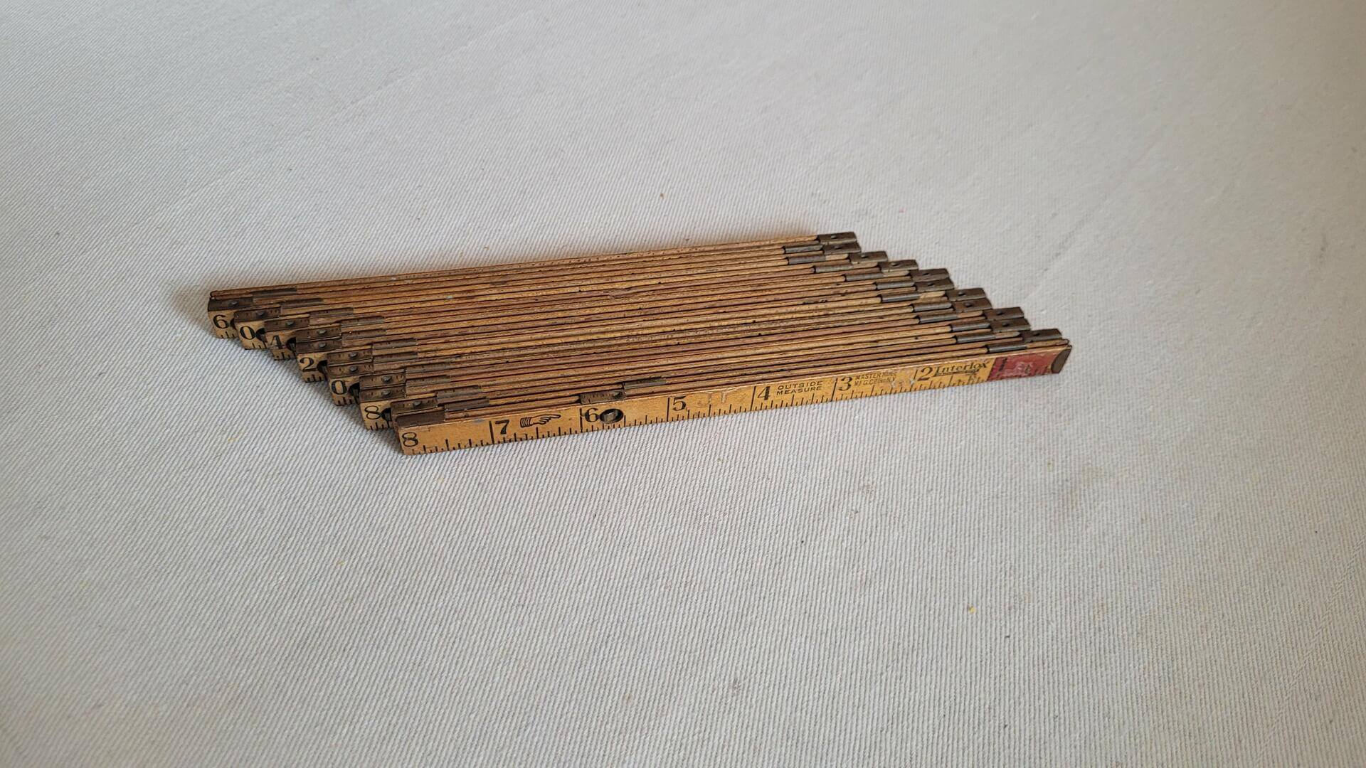 Antique woodworking Interlox No. 106 wooden slide rule by Master Rule Mfg Co from NY. Vintage made in USA collectible marking and measuring carpentry tools