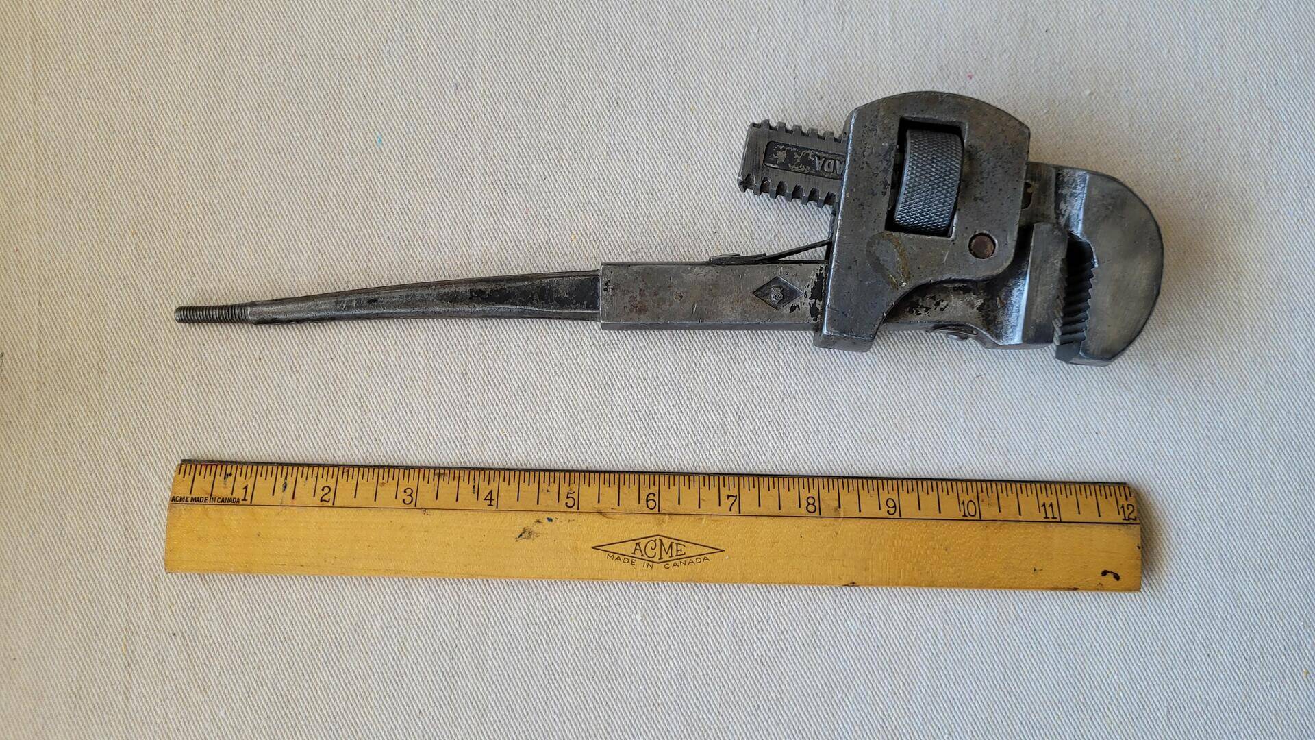 Vintage 14" Stillson type pipe adjustable monkey wrench threaded handle end by McKinnon Industries. Antique made in Canada machinist and plumbing hand tools