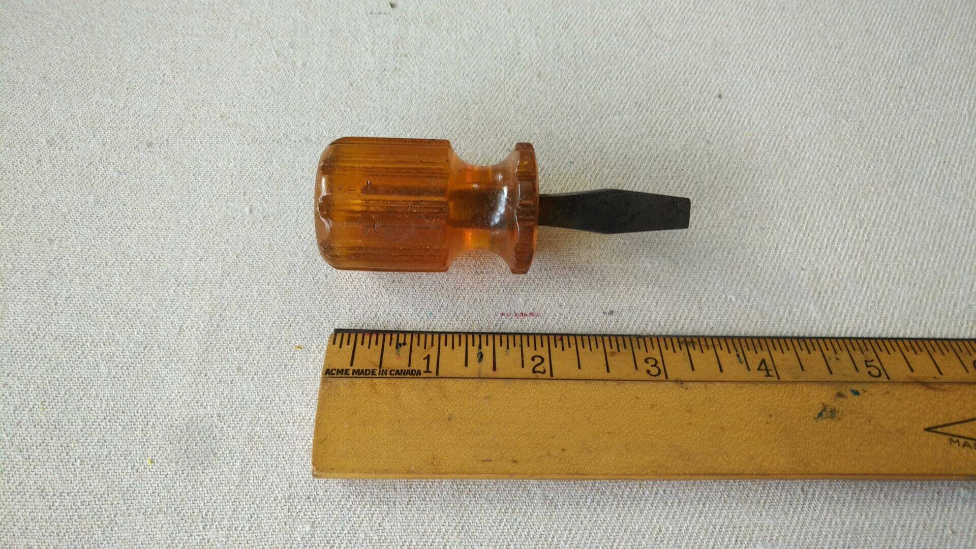 Rare vintage Miller Falls Company No. 854 stubby slotted screwdriver with unbreakable handle 3.5" long. Antique quality made in USA collectible hand tools