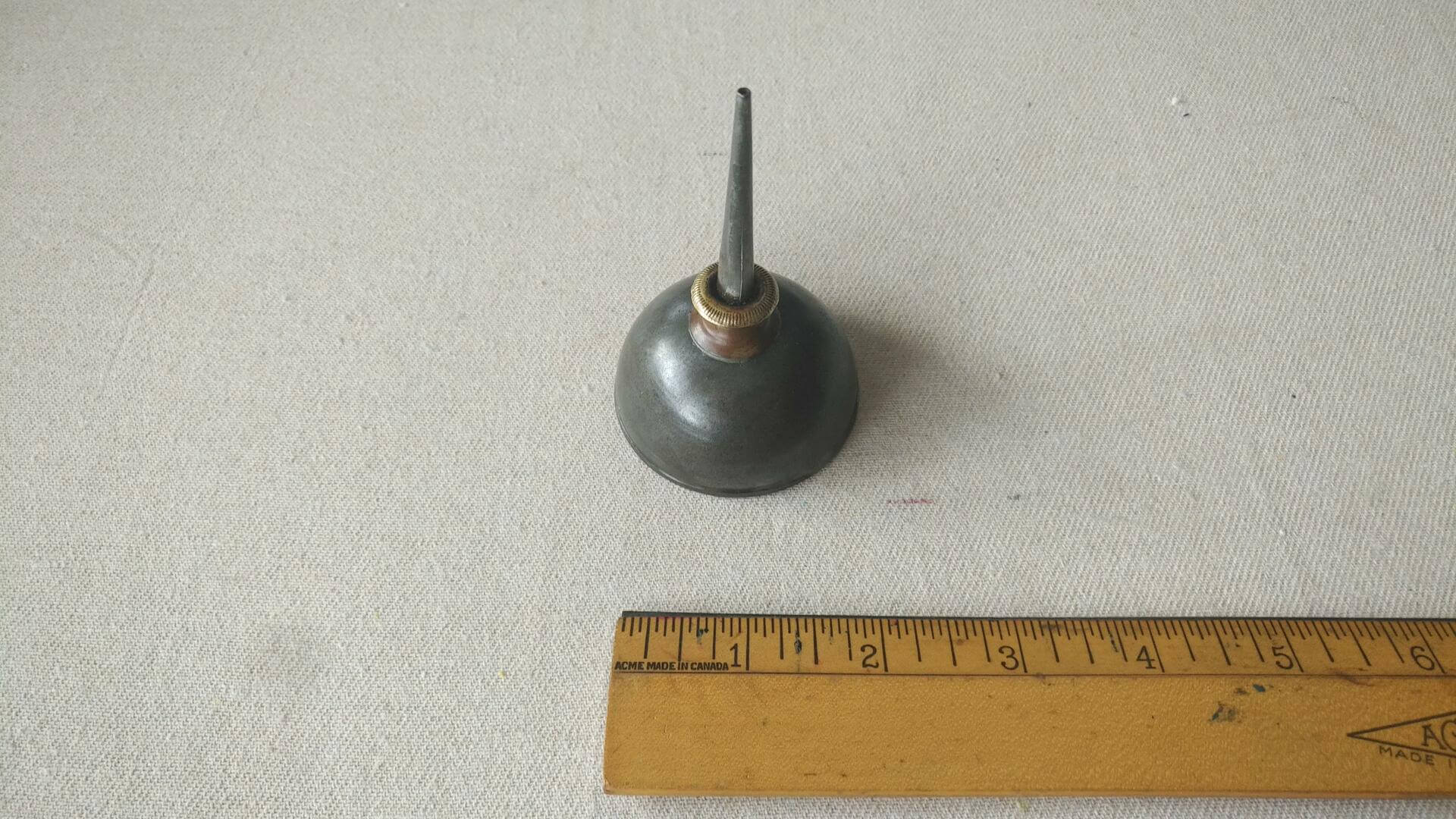 Antique thumb pump oiler, metal oil can copper thread & brass cap detail on spout. Vintage made in USA collectible oil dropper automotive & sewing tools