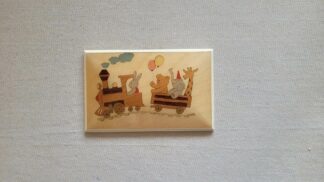 Beautiful Miss Bellevue Meta Di Sorrento wood inlay plaque picture for kids room showcasing animals riding a train. Vintage hand made made in Italy wood art