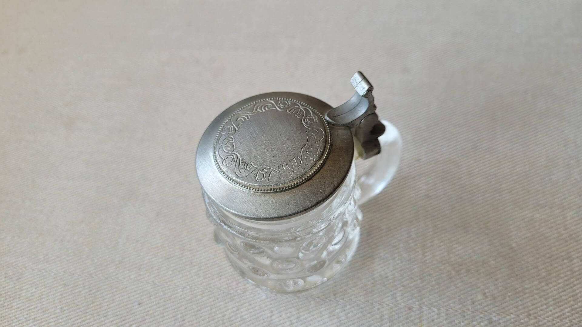 Original BMF mini steing shot glass with pewter lid. Vintage MCM made in Germany collectible drinkware and breweriana lidded mini beer stein barware piece