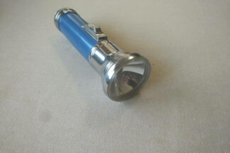 vintage Panasonic emergency flashlight in chrome and blue. 1970s retro made in Japan collectible lightning and household tools