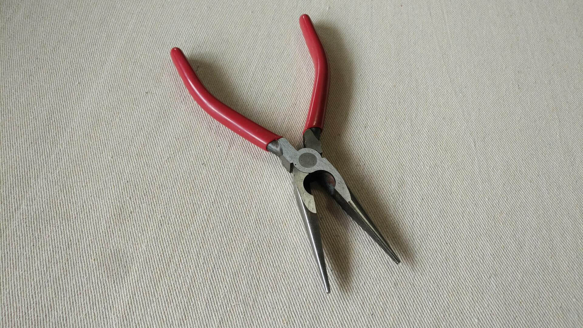 Quality Stanley Challenger vintage long needle nose pliers w cutters and red handle grips. Vintage made in USA collectible electrician & jeweler hand tools